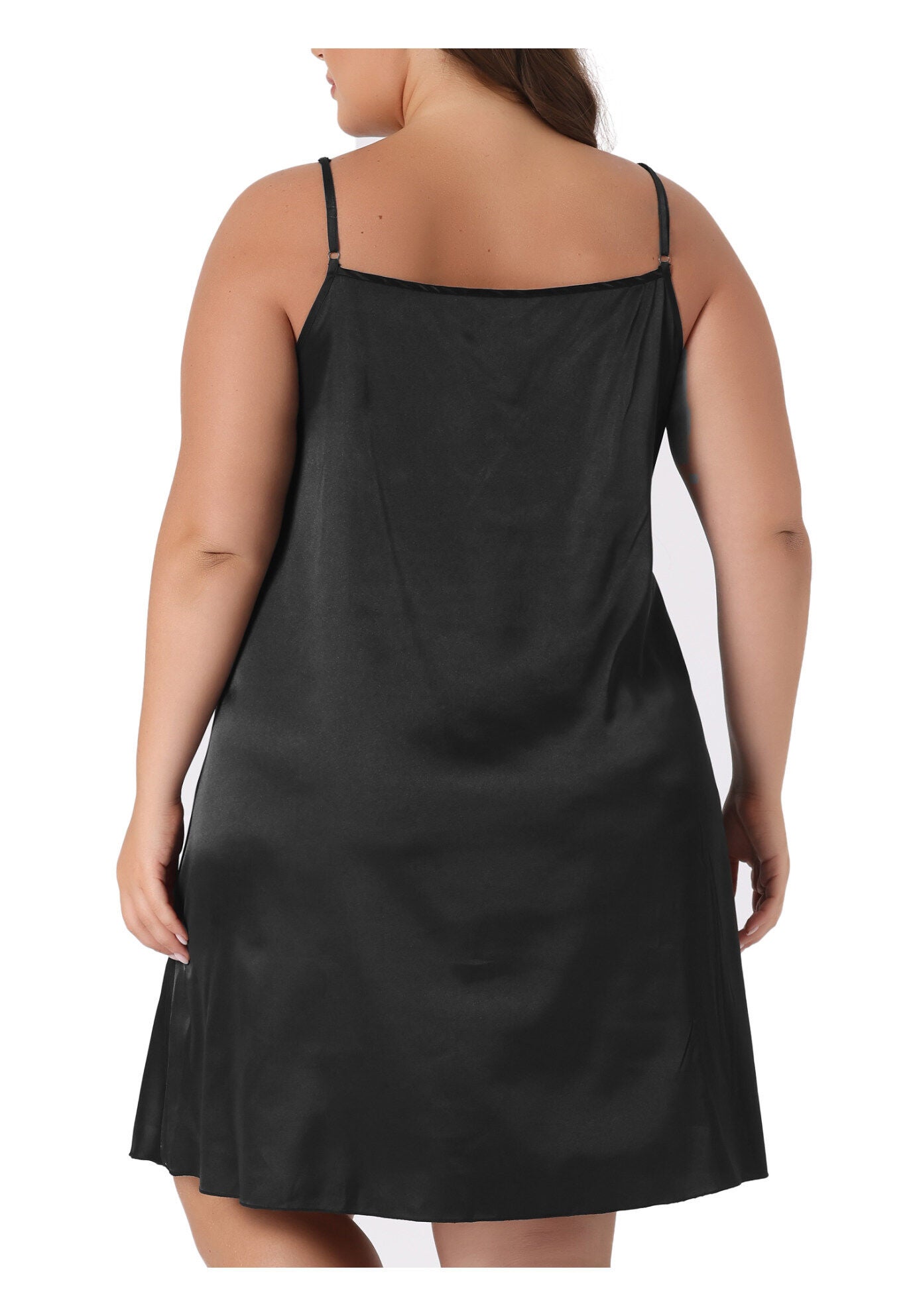 SATIN LACE CHEMISE NIGHTGOWN LINGERIE V-NECK CAMI SLEEVELESS DRESS SLEEPWEAR, Black / Black, alternate image number 3