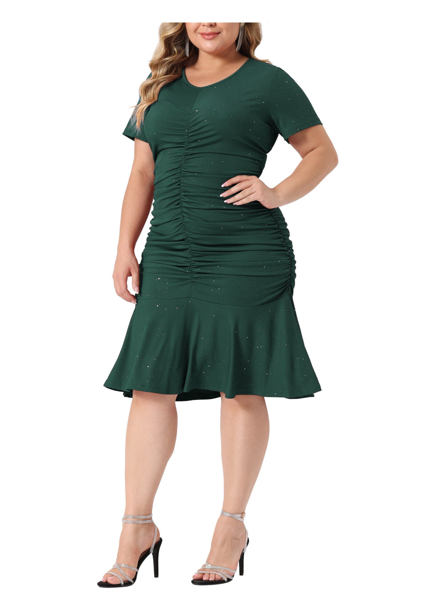 V Neck Short Sleeve Sequin Ruched Elegant Party Cocktail Dress, Dark Green / Forest Green, alternate image number 2