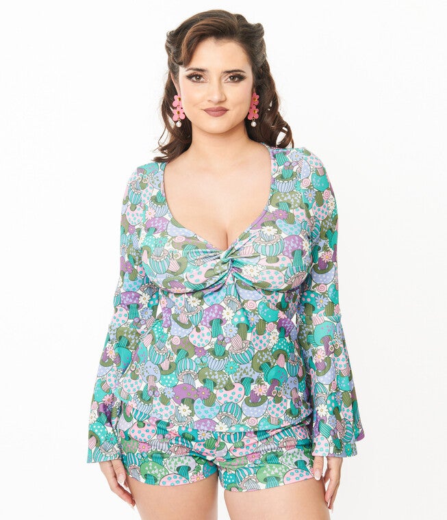 Smak Parlour Teal Groovy Mushrooms Trumpet Sleeve Top, Teal Mushrooms / Teal, alternate image number 2