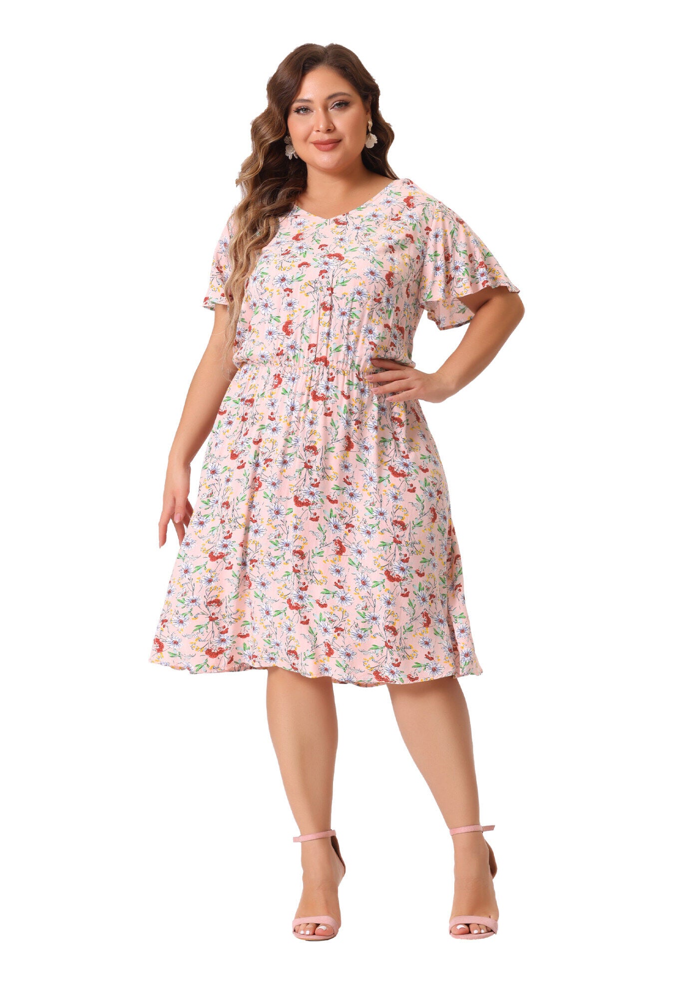 Summer V Neck Flare Sleeve Peplum Midi Ruffle Dress, Light Pink / Pink, hi-res image number 0