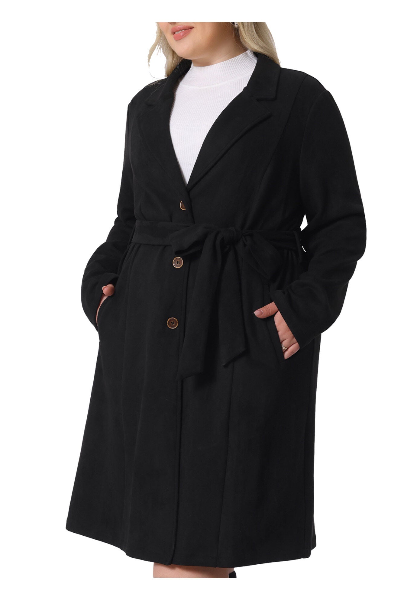 NOTCH LAPEL FAUX SUEDE LONG TRENCH COAT, Black / Black, alternate image number 1