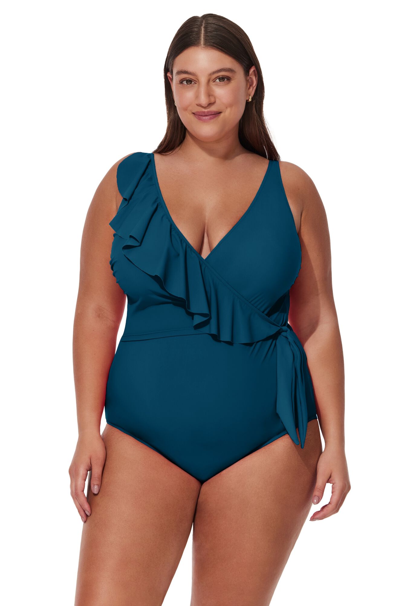 Tutti Frutti Plus Size Ruffle Surplice One Piece, Petrol / Azure Blue, hi-res image number 0