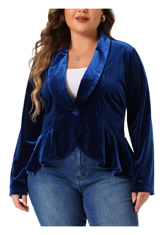 RUFFLE CARDIGAN VELVET PEPLUM BLAZER, Blue / Royal Blue, alternate image number 2