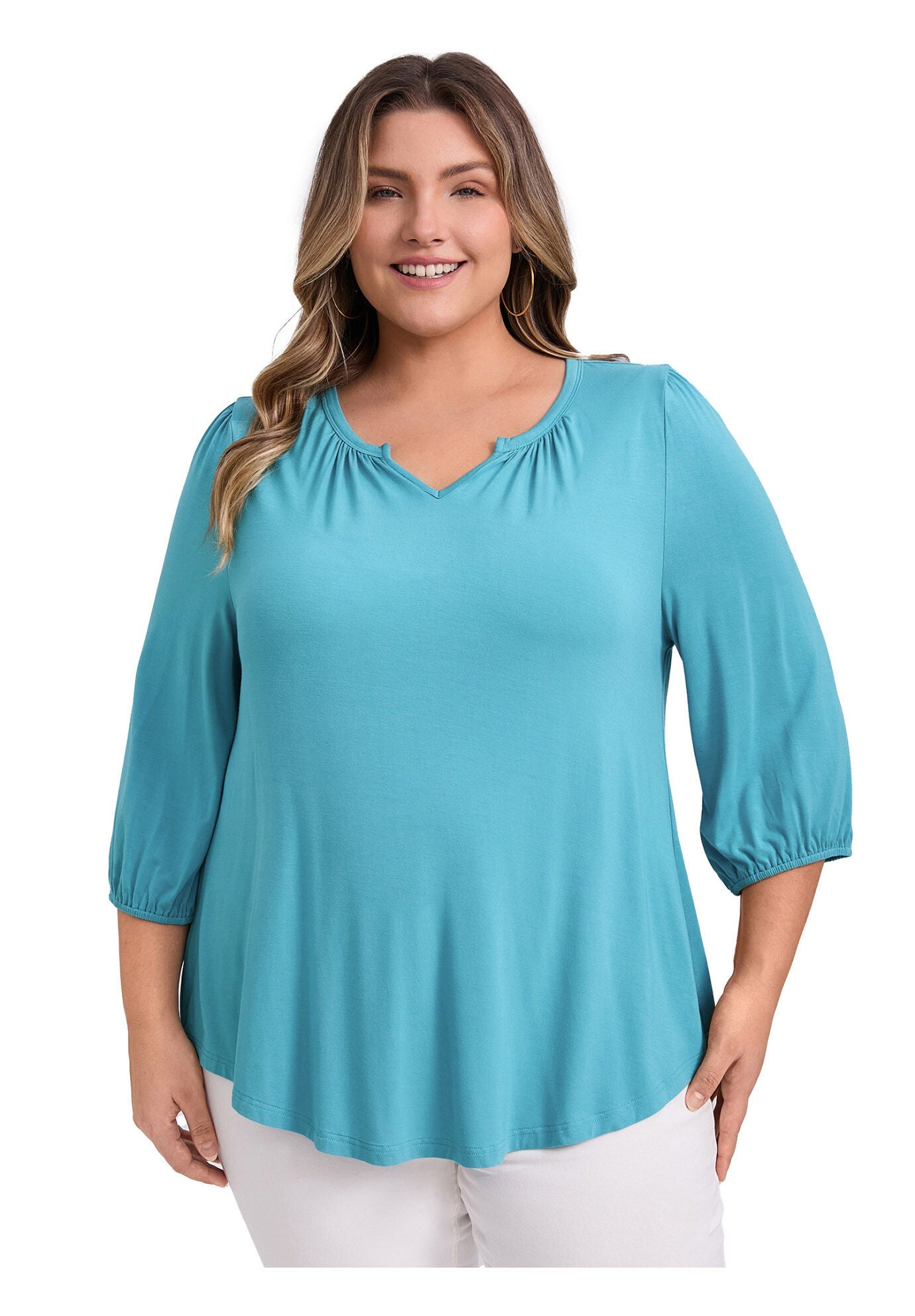 Smocked 3/4 Sleeve Notch V Neck Shirt Blouse, Lake Blue / Azure Blue, hi-res image number 0