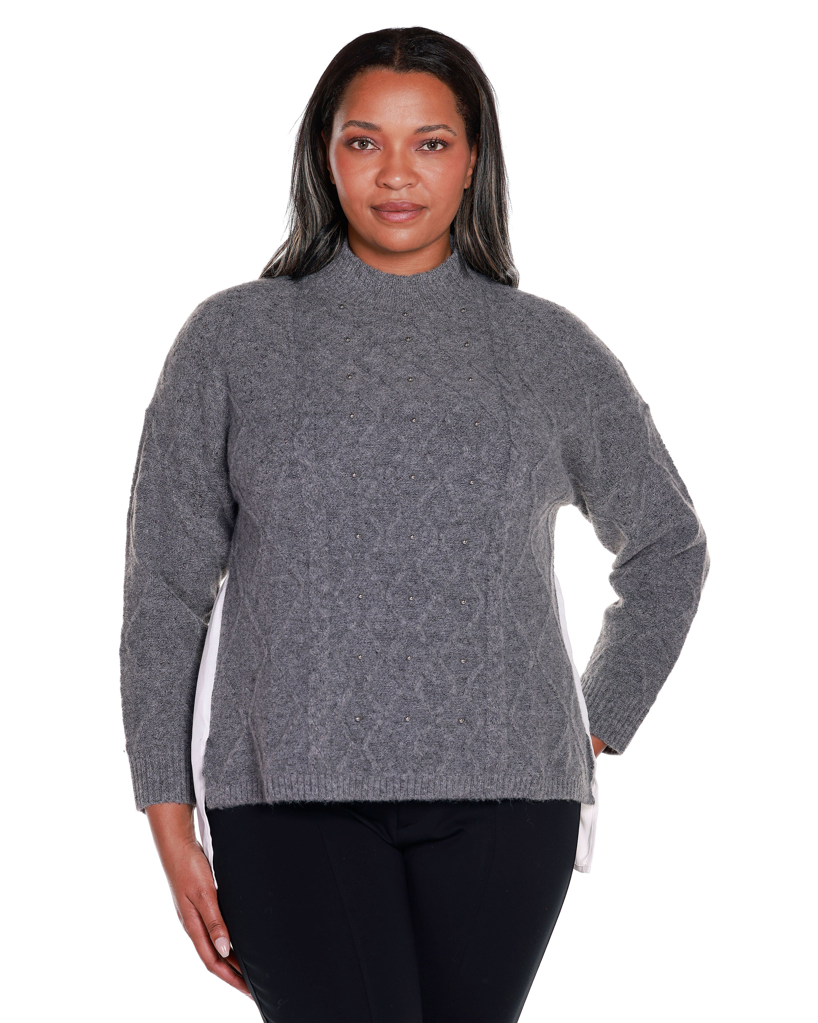 CHIFFON-BACK CABLE SWEATER, Heather GreyWhite / Warm Grey, hi-res image number 0