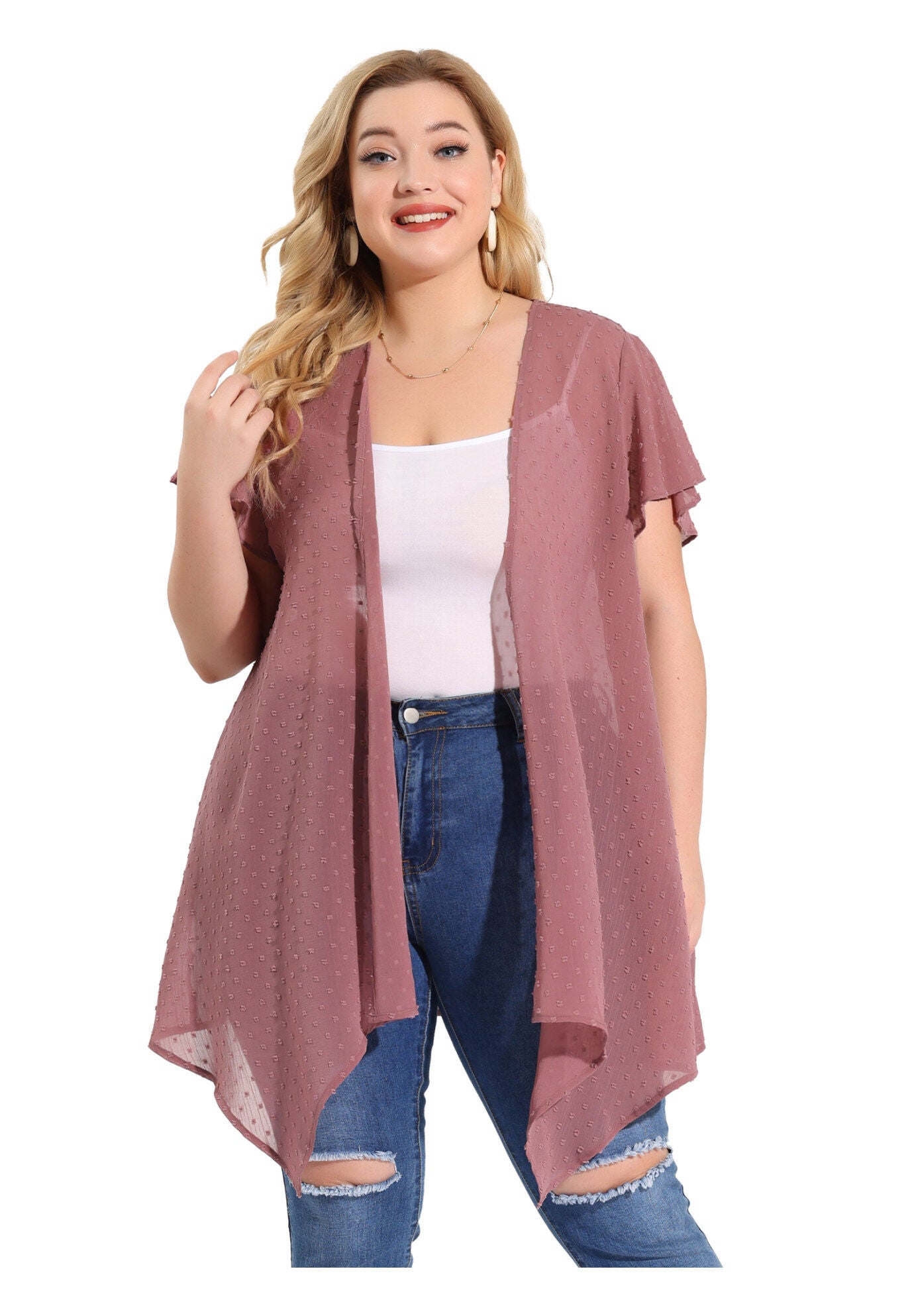 FLARE SLEEVE HIGH LOW SWISS DOTS CARDIGAN, Purple / Purple, alternate image number 3