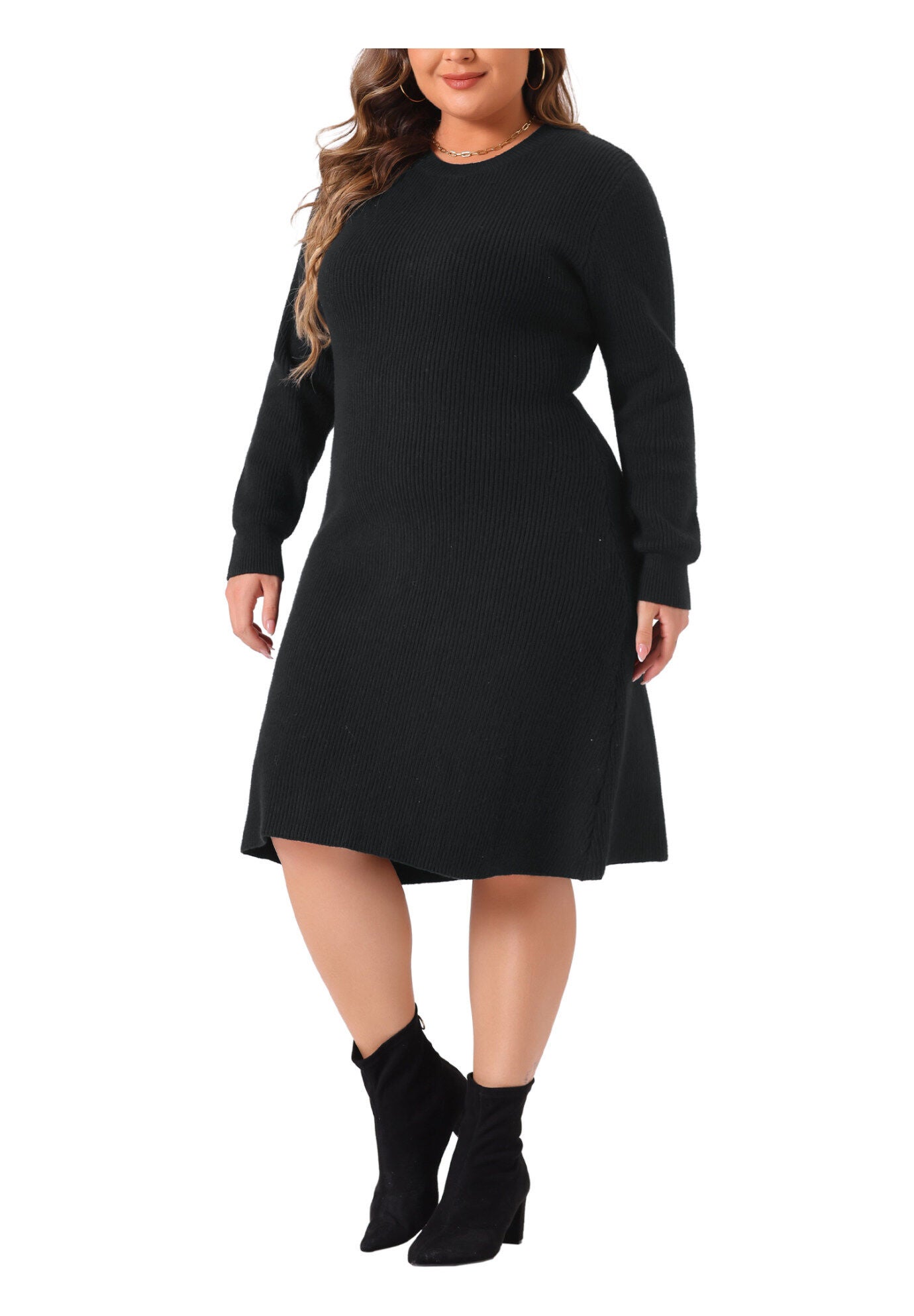 Crew Neck Long Sleeve Knit Pullover Sweater Dress, Black / Black, alternate image number 2