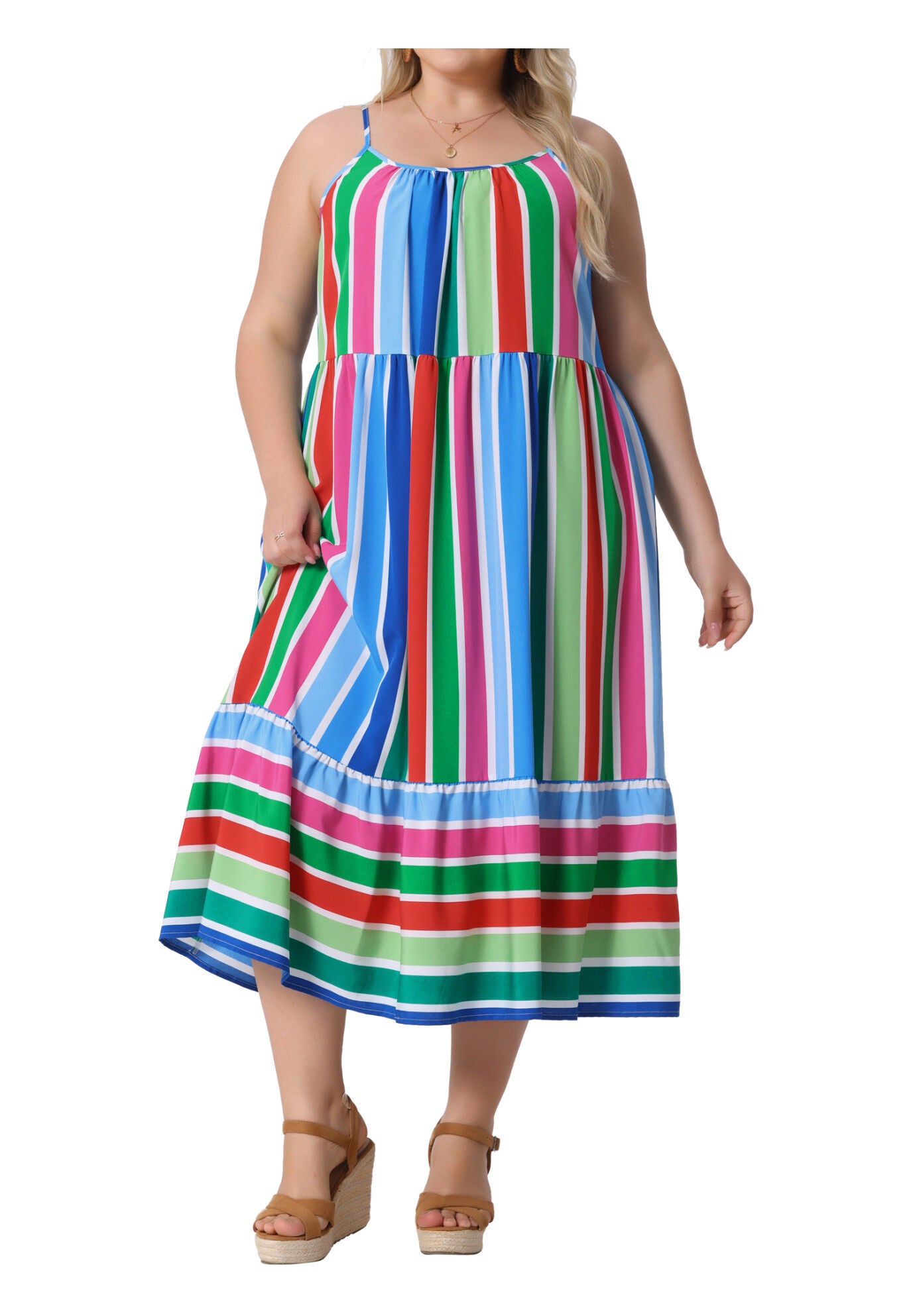 Summer Sleeveless Adjustable Straps Striped Loose Midi Cami Dress, Green Red / Light Blue, alternate image number 2