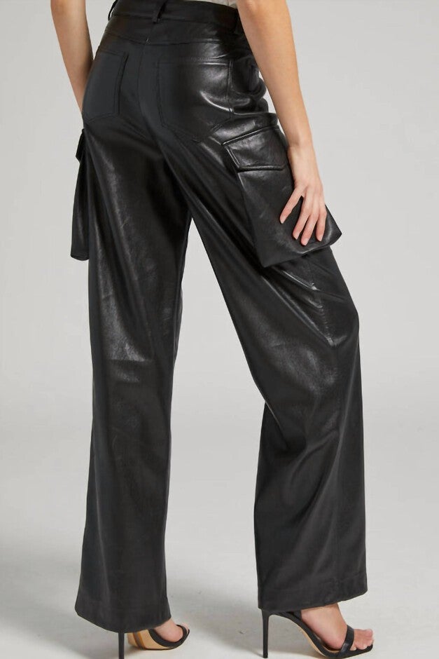 NATE VEGAN LEATHER CARGO PANTS IN BLACK, Black / Black, alternate image number 2