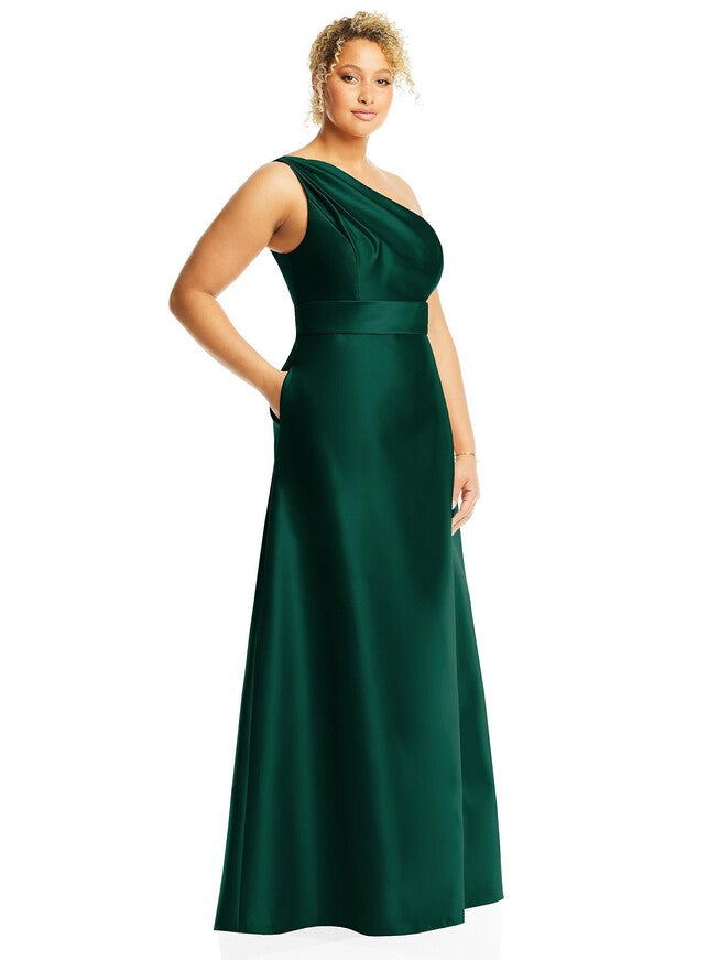 Draped One-Shoulder Satin Maxi Dress with Pockets, Hunter Green / Hunter Green, alternate image number null