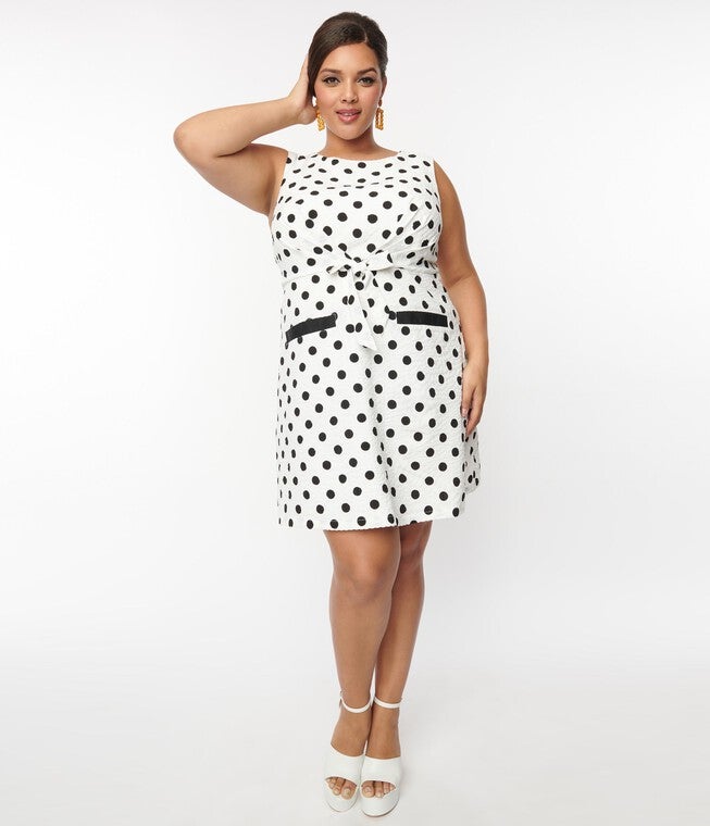 Smak Parlour White & Black Dots Tie Front Shift Dress, White / White, hi-res image number null
