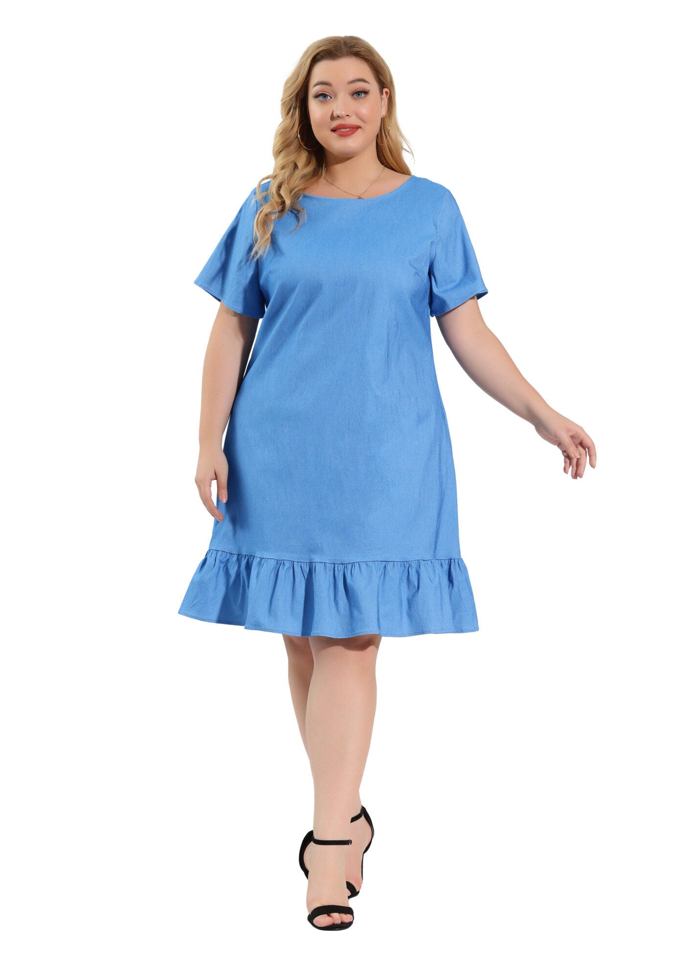 Ruffle Hem Casual Short Sleeve Chambray Dress, Sky Blue / Light Blue, alternate image number 3