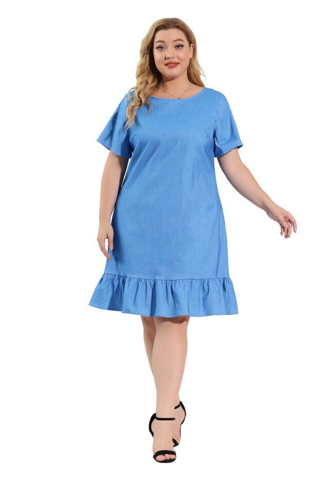 Ruffle Hem Casual Short Sleeve Chambray Dress, Sky Blue / Light Blue, alternate image number 3