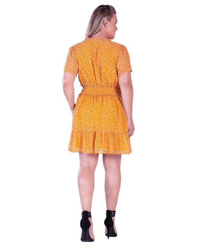 Zaria Womens Plus Size Floral Print Short Sleeve Mini Dress, Yellow Floral / Yellow, alternate image number 1