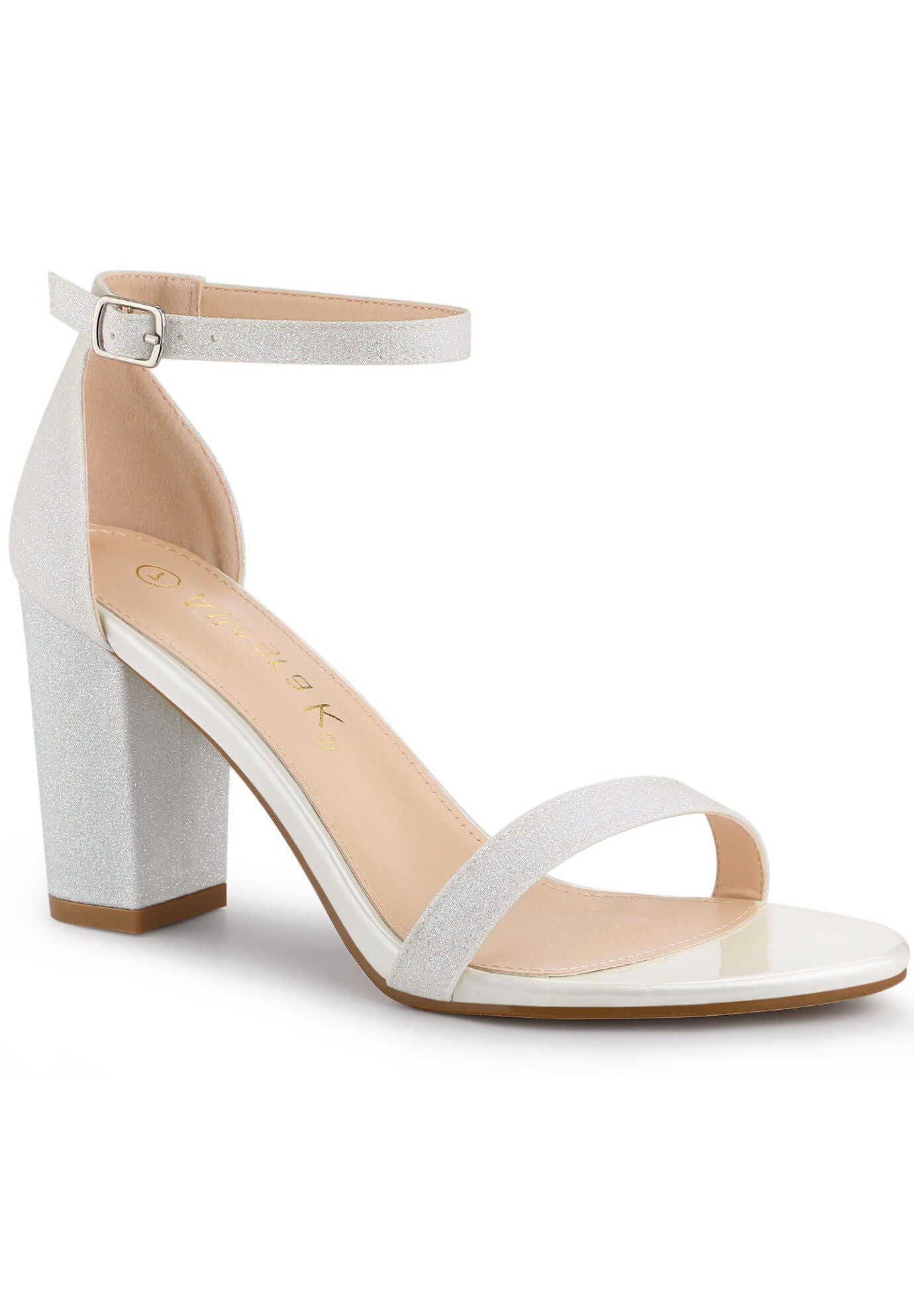 Glitter Ankle Strap Chunky Heels Sandals, White / White, hi-res image number 0