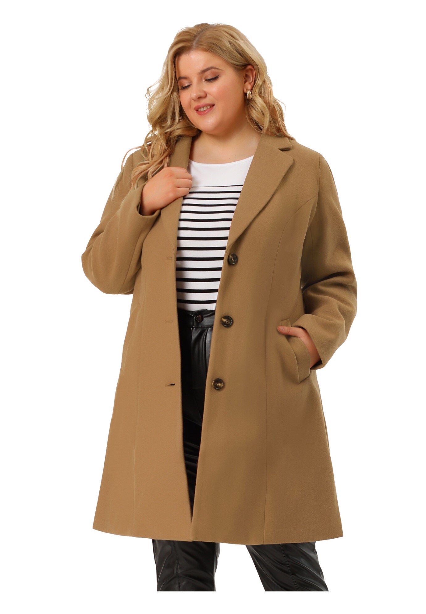 SINGLE BREASTED NOTCHED LAPEL LONG WINTER COAT, Camel / Brown, alternate image number 1