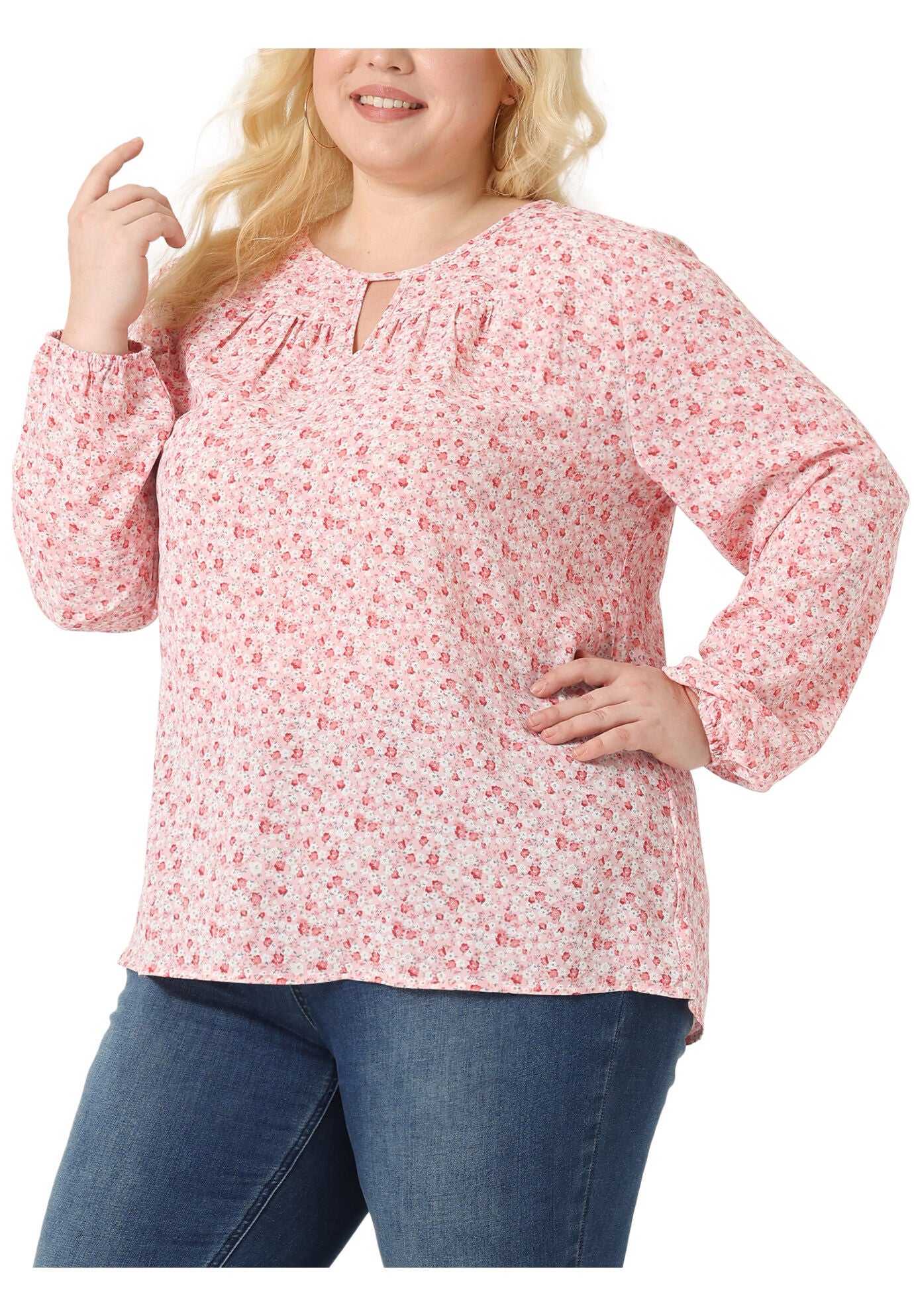 Chiffon Long Sleeve Keyhole Blouse Floral Top, Pink / Pink, alternate image number 2