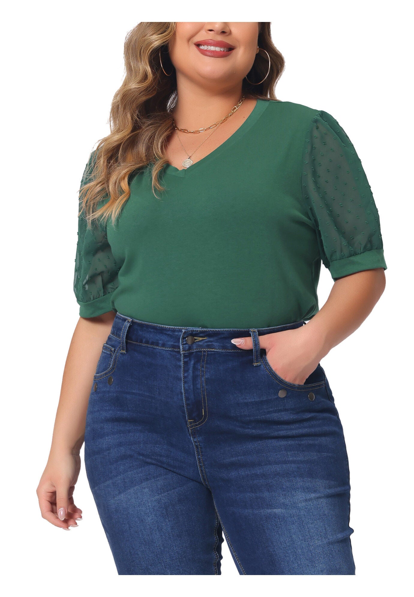 V Neck Swiss Dots Puff Sleeve Loose Top, Green / Quetzal Green, alternate image number 1