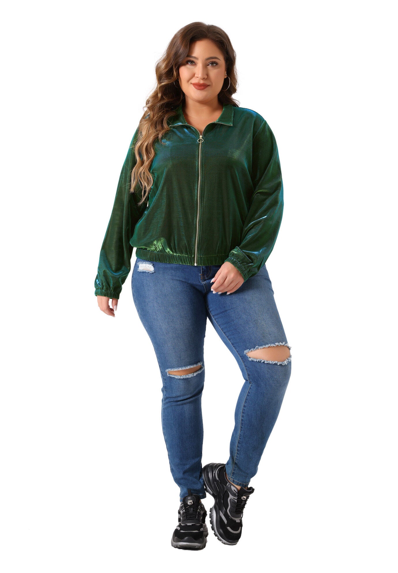 HOLOGRAPHIC MESH LONG SLEEVE ZIP UP JACKET, Green / Forest Green, hi-res image number 0