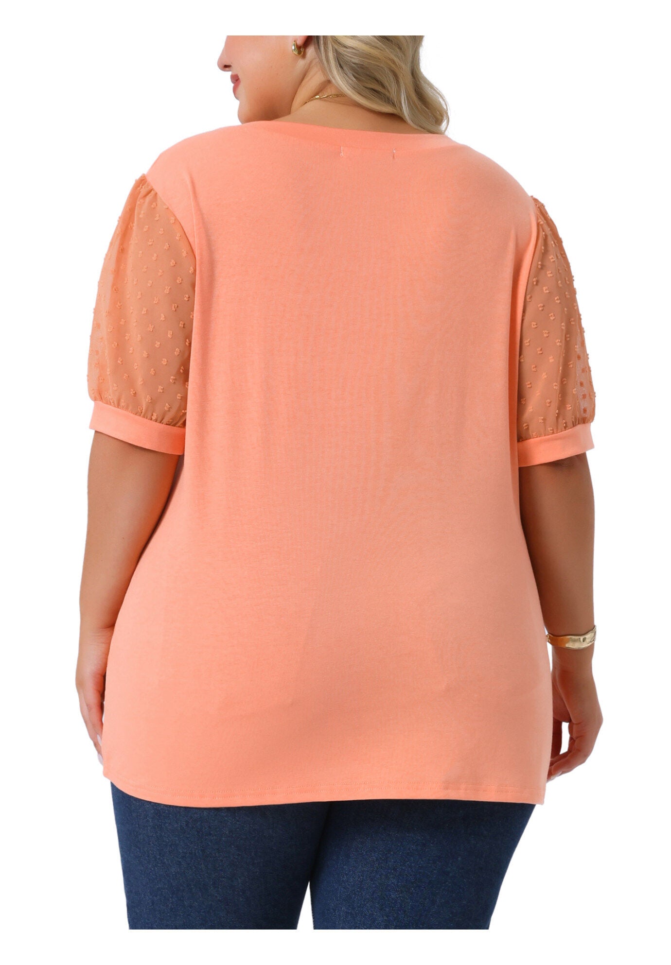 V Neck Swiss Dots Puff Sleeve Loose Top, Orange / Orange, alternate image number 3