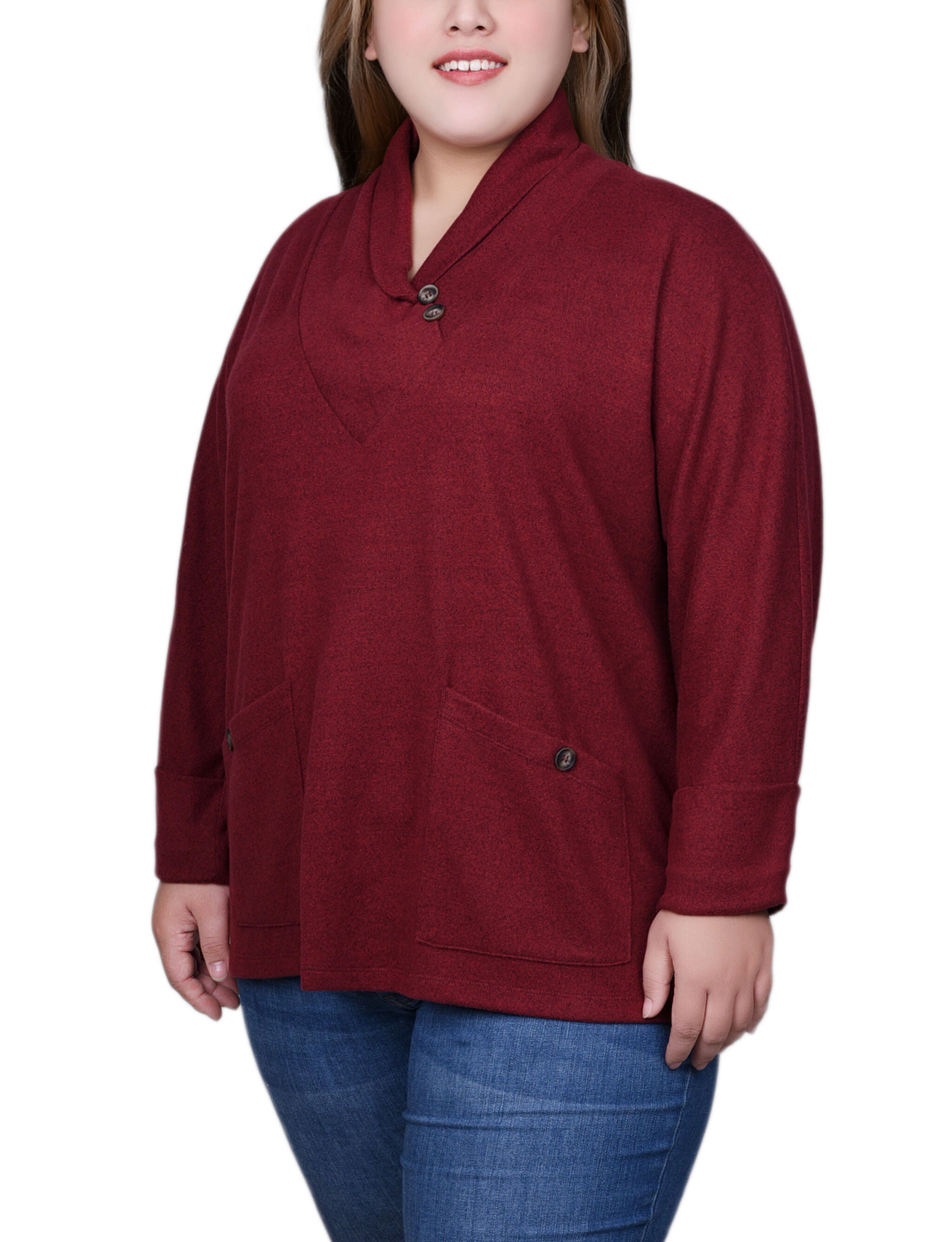 Long Sleeve Shawl Collar Top With Pockets, Red, alternate image number 2