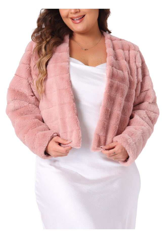 OPEN FRONT CROPPED FAUX FUR WINTER FLUFFY JACKET, Pink / Pink, alternate image number 2
