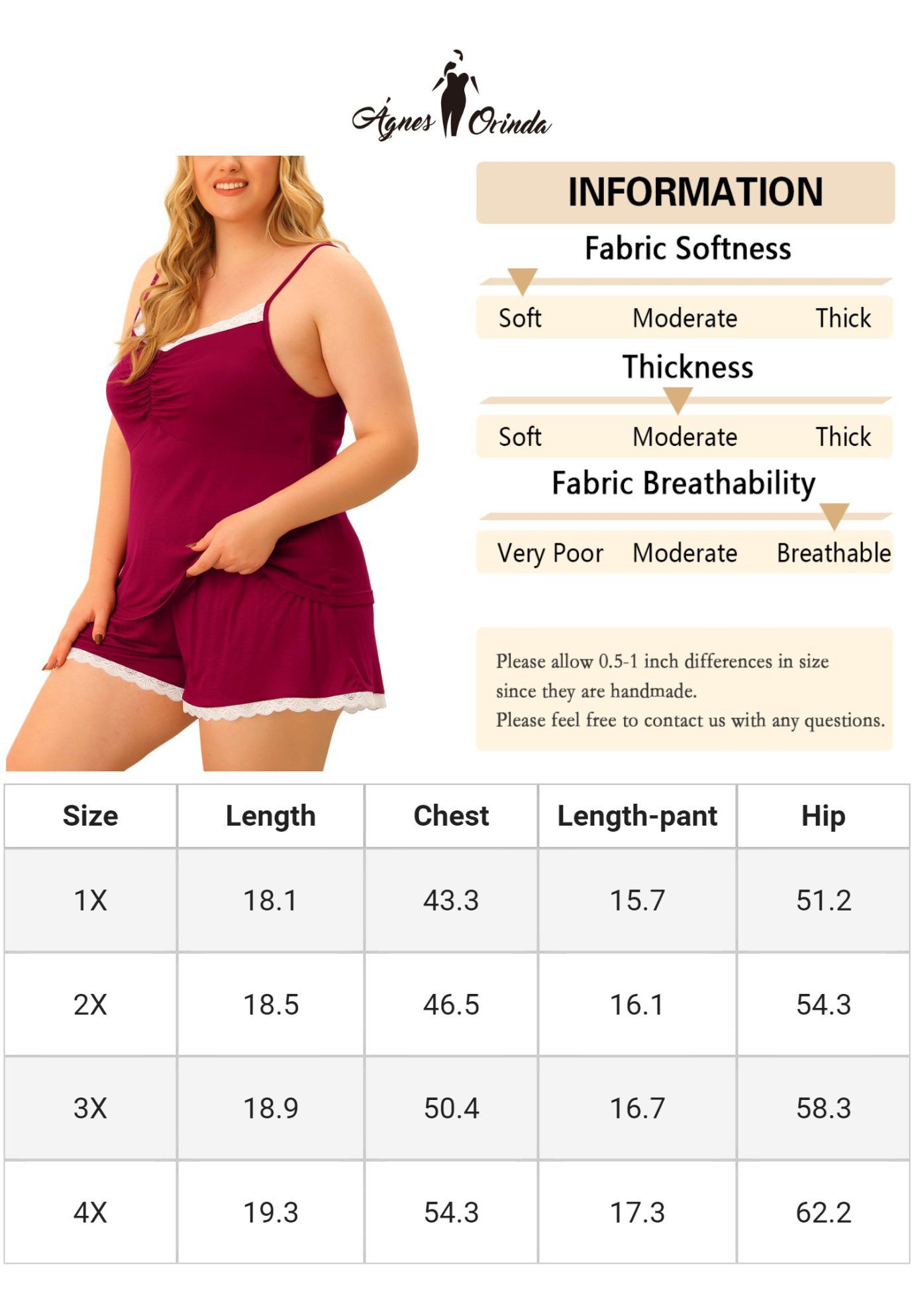 PAJAMA CAMI SHORTS NIGHTWEAR LACE LINGERIE SLEEPWEAR, Burgundy / Red, alternate image number 4