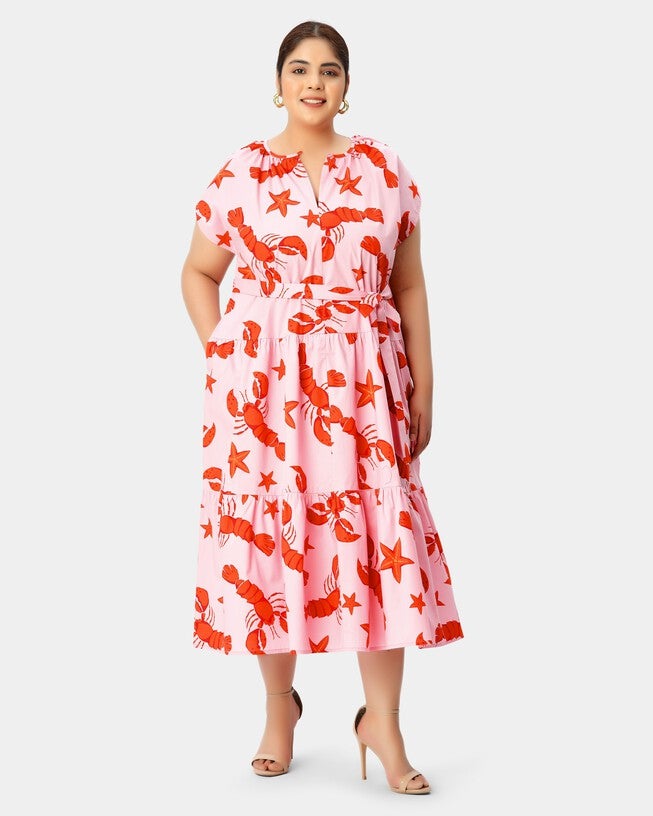 Lobster star print cotton drop waist tiered dress, Pink / Pink, alternate image number null