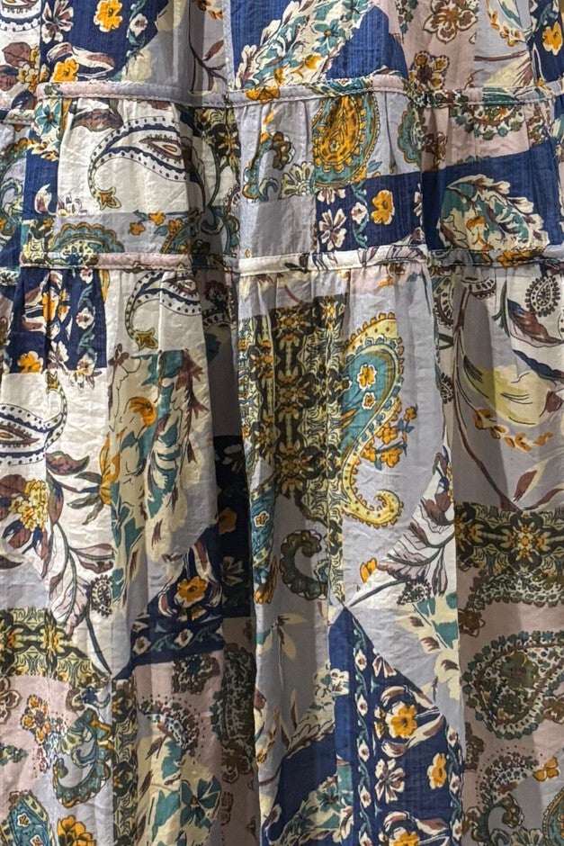 Adeline Bohemian Floral Patchwork Maxi Dress – V-Neck Puff Sleeve Vintage Chic Summer Dress, Blue / Dusty Blue, alternate image number 4