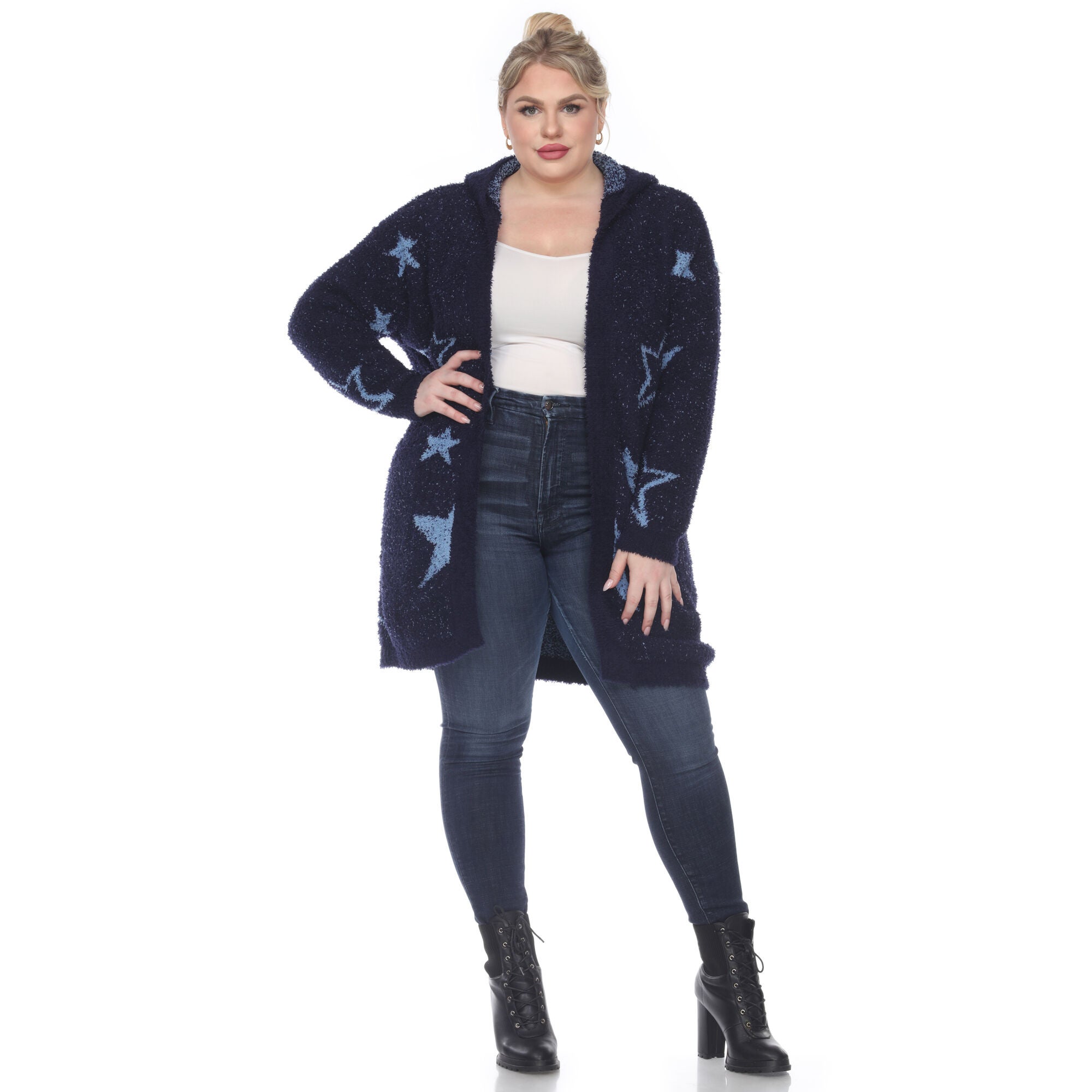 Hooded Open Front Sherpa Coat, NavyLight Blue Stars / Navy, alternate image number 1