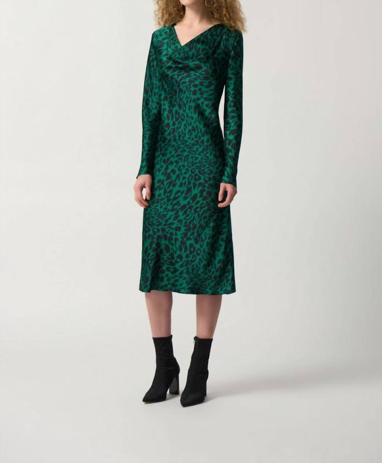 ANIMAL PRINT COWL NECK MIDI DRESS IN GREEN/BLK, GreenBlk / Light Green, hi-res image number 0