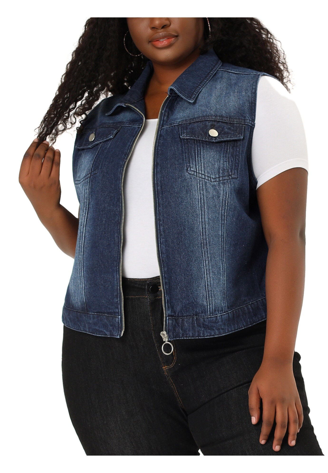 DENIM SLEEVELESS ZIP UP BUTTON DOWN JEANS JACKET VEST, Blue / Royal Blue, alternate image number 3
