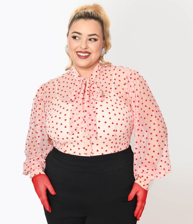 Unique Vintage Pink & Red Hearts Gwen Blouse, Pink Red Hearts / Pink, hi-res image number 0