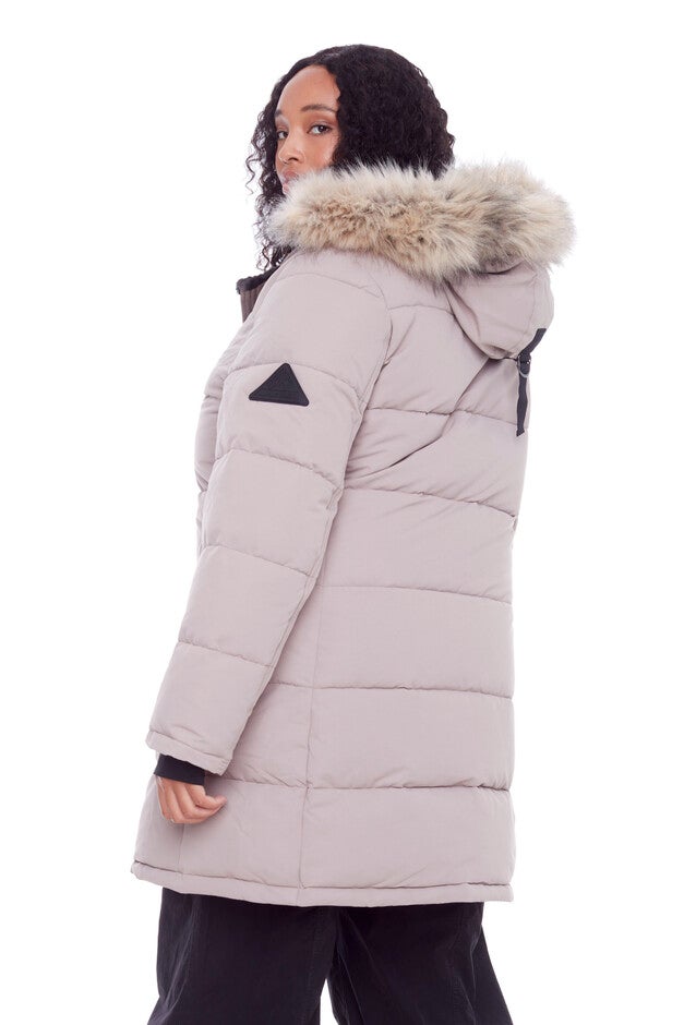 Women's Plus Size - AULAVIK | Vegan Down Recycled Mid-Length Hooded Parka Coat, Light Taupe / Taupe, alternate image number 2