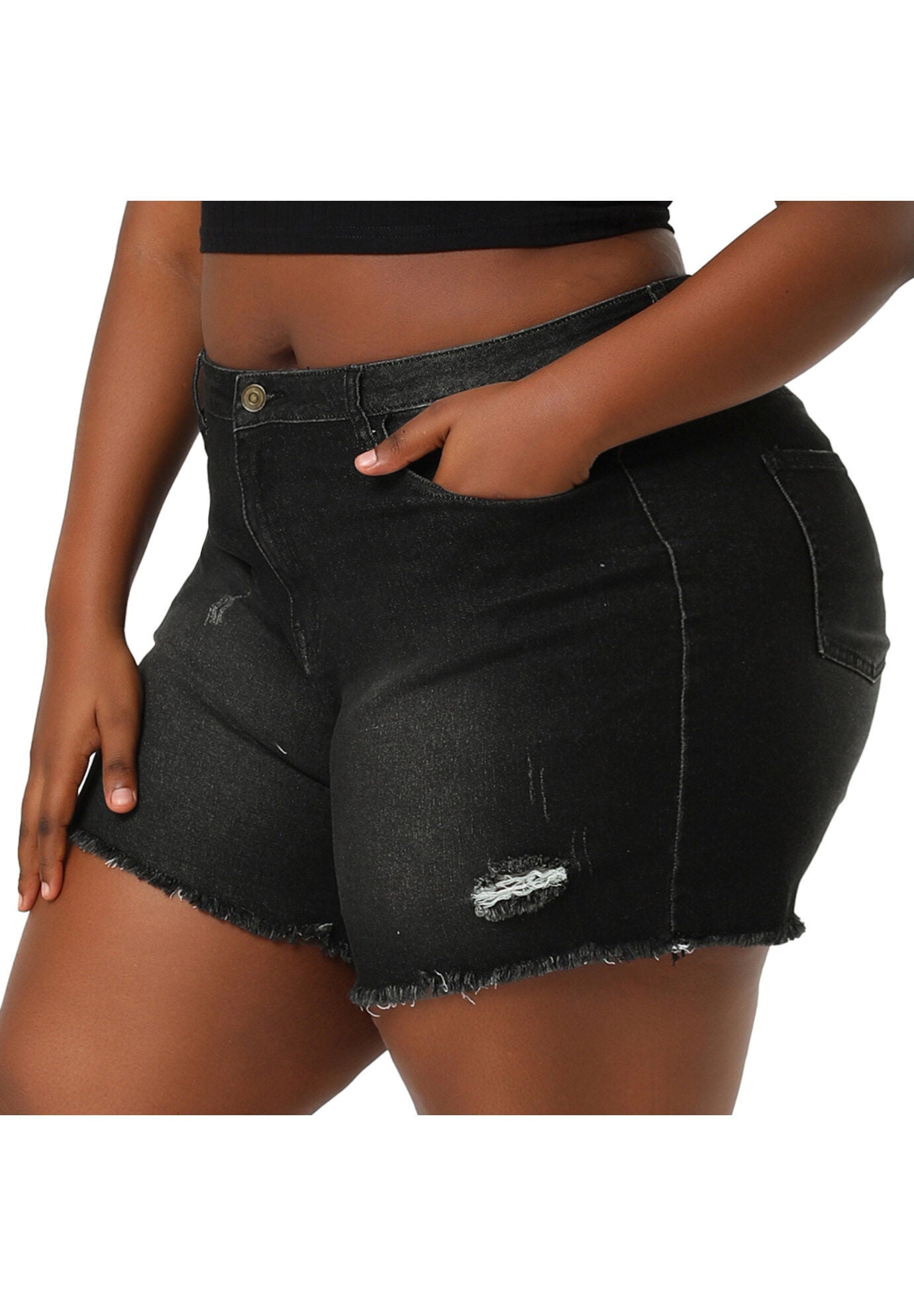 HIGH WAISTED RIPPED STRETCHY DENIM JEAN SHORTS, Black / Black, alternate image number 2