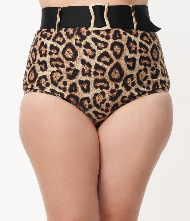 Unique Vintage Leopard Print High Waist Belted Swim Bottom, , alternate image number 6