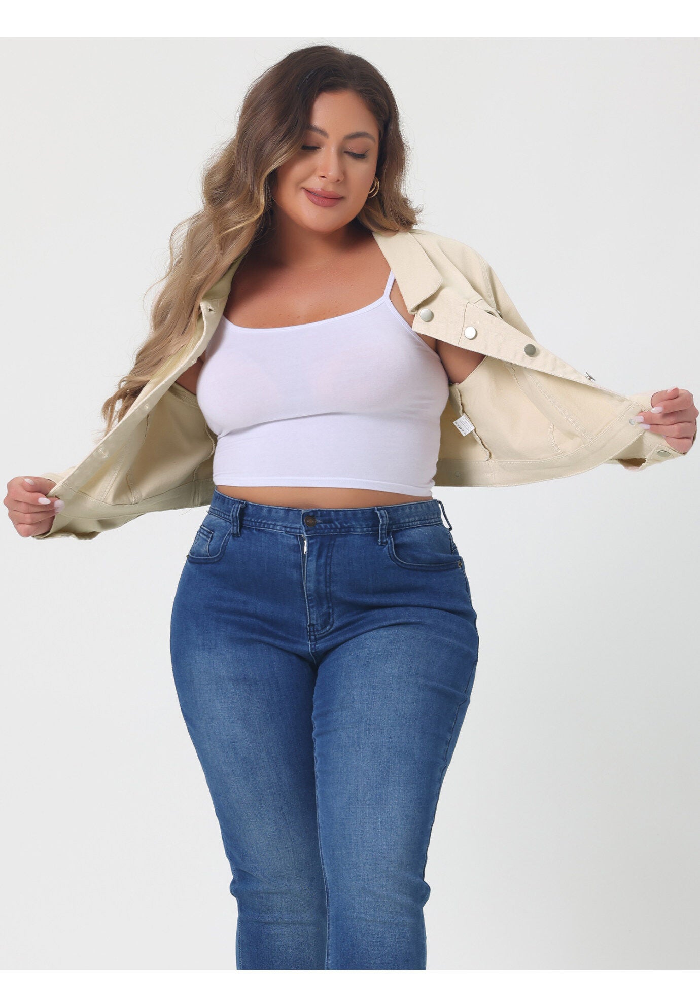 BUTTON CLOSED CROPPED DENIM JACKET, Beige / Beige, alternate image number 1