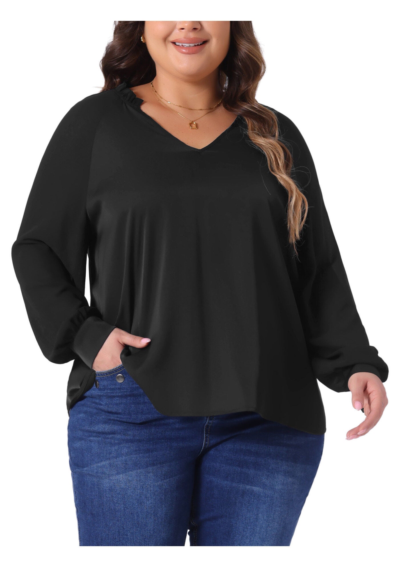 Sheer Long Sleeve Ruffle Notched V Neck Blouse, Black / Black, alternate image number 1