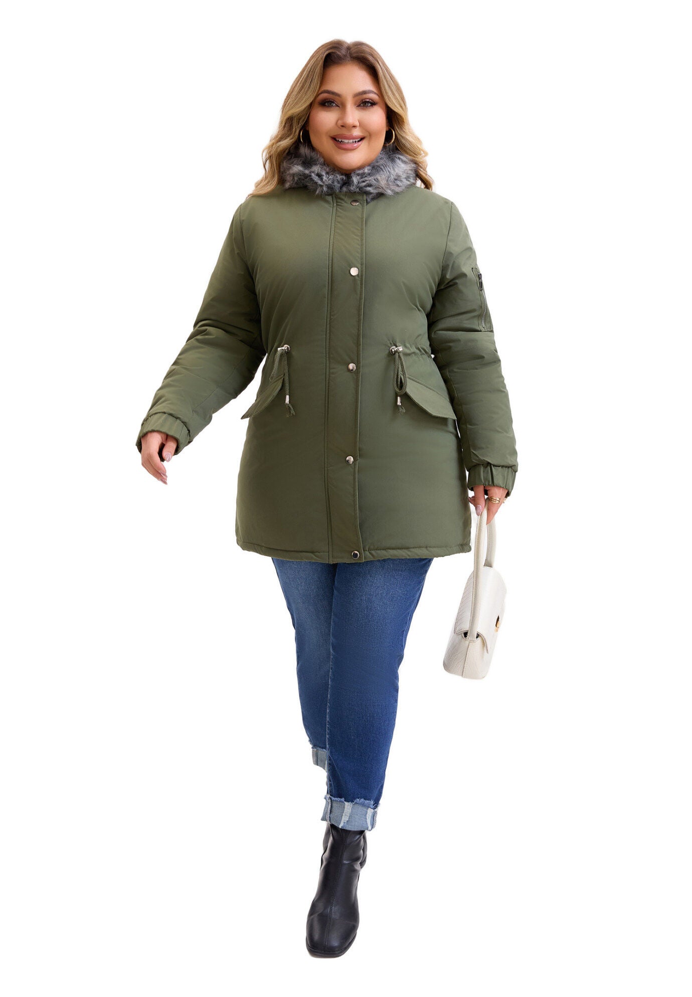 Drawstring Waist Fleece Winter Coat with Pockets, Army Green / Olive Green, hi-res image number 0