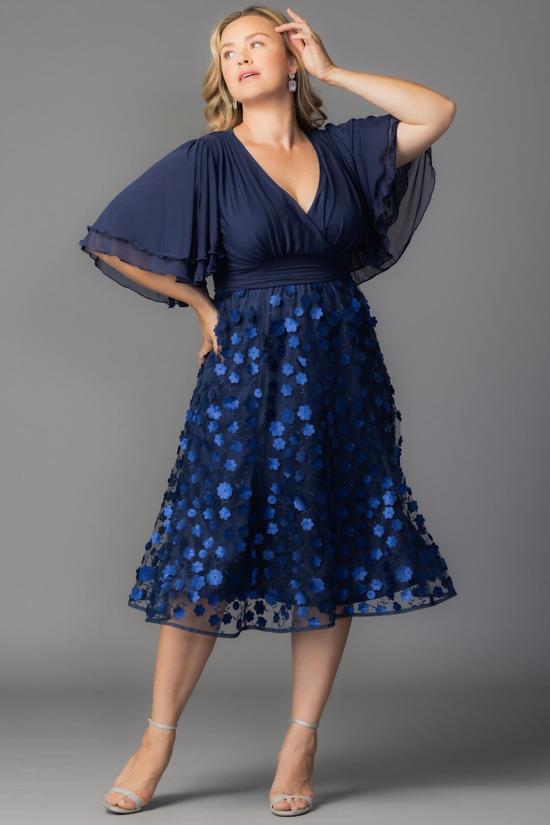 Pretty Petals Mesh Cocktail Dress, Navy Blossoms / Navy, alternate image number 2