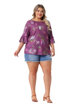 3/4 Ruffle Sleeve Boat Neck Summer Floral Top