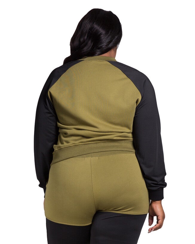 Billie Women's Plus Size Zip Up Conrast Blocked Sweatshirt Jacket, Light Olive / Olive Green, alternate image number 1