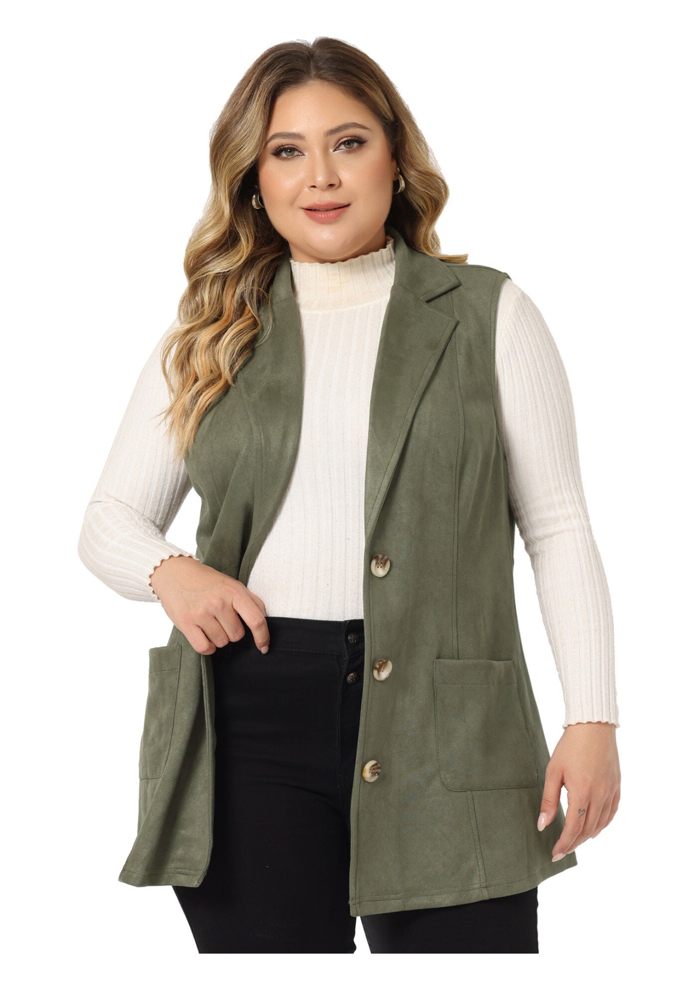 Lapel Suede Utility Vest, Green / Olive Green, alternate image number 1