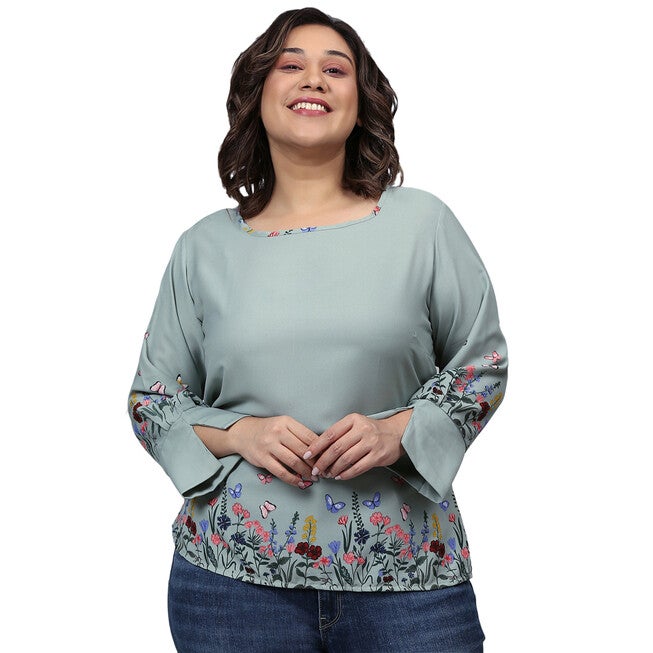 Grey Floral Border Top, Dusty Blue / Dusty Blue, hi-res image number 0