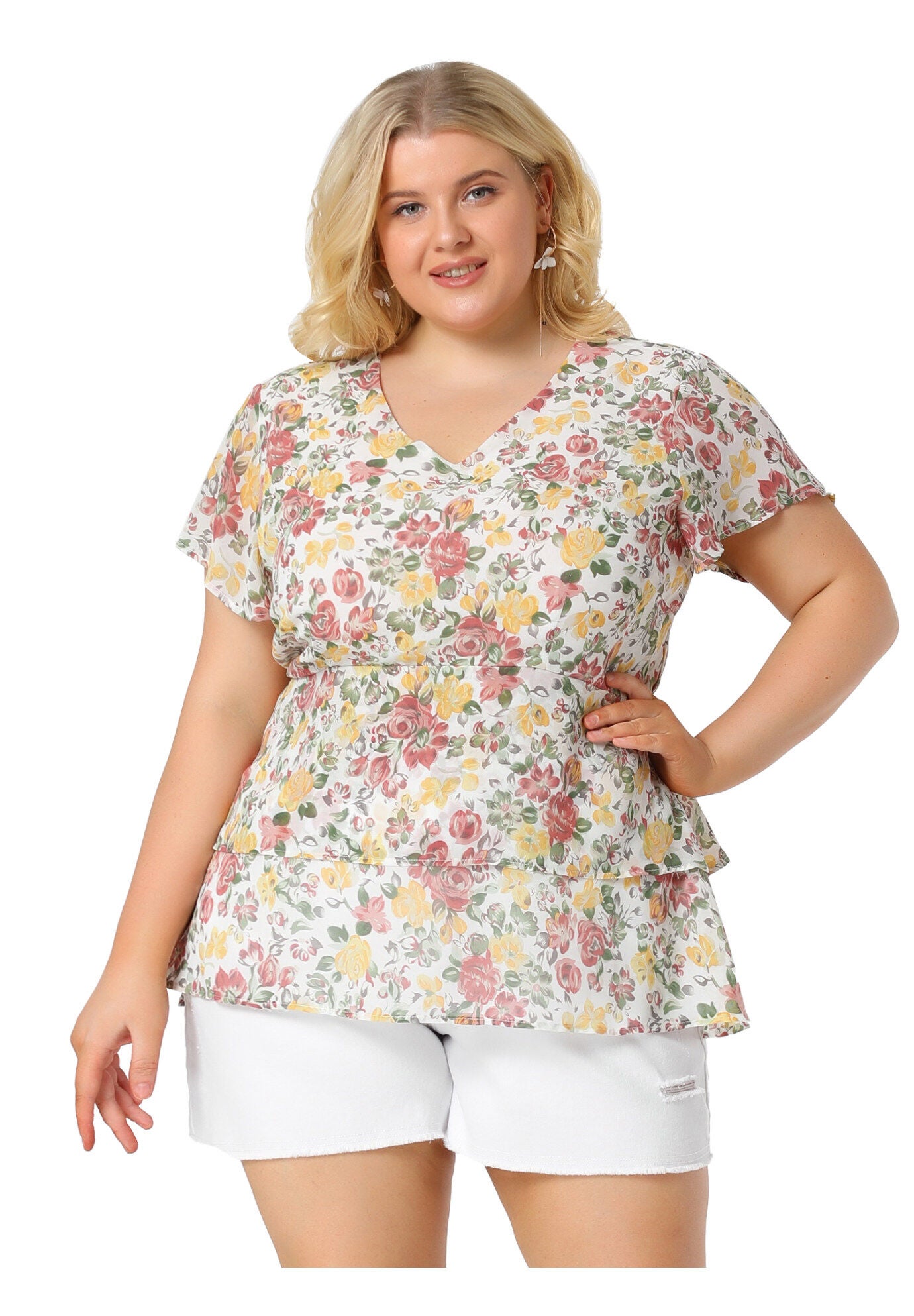Short Sleeve Layered Casual Floral Blouse Summer Top, White / White, hi-res image number 0