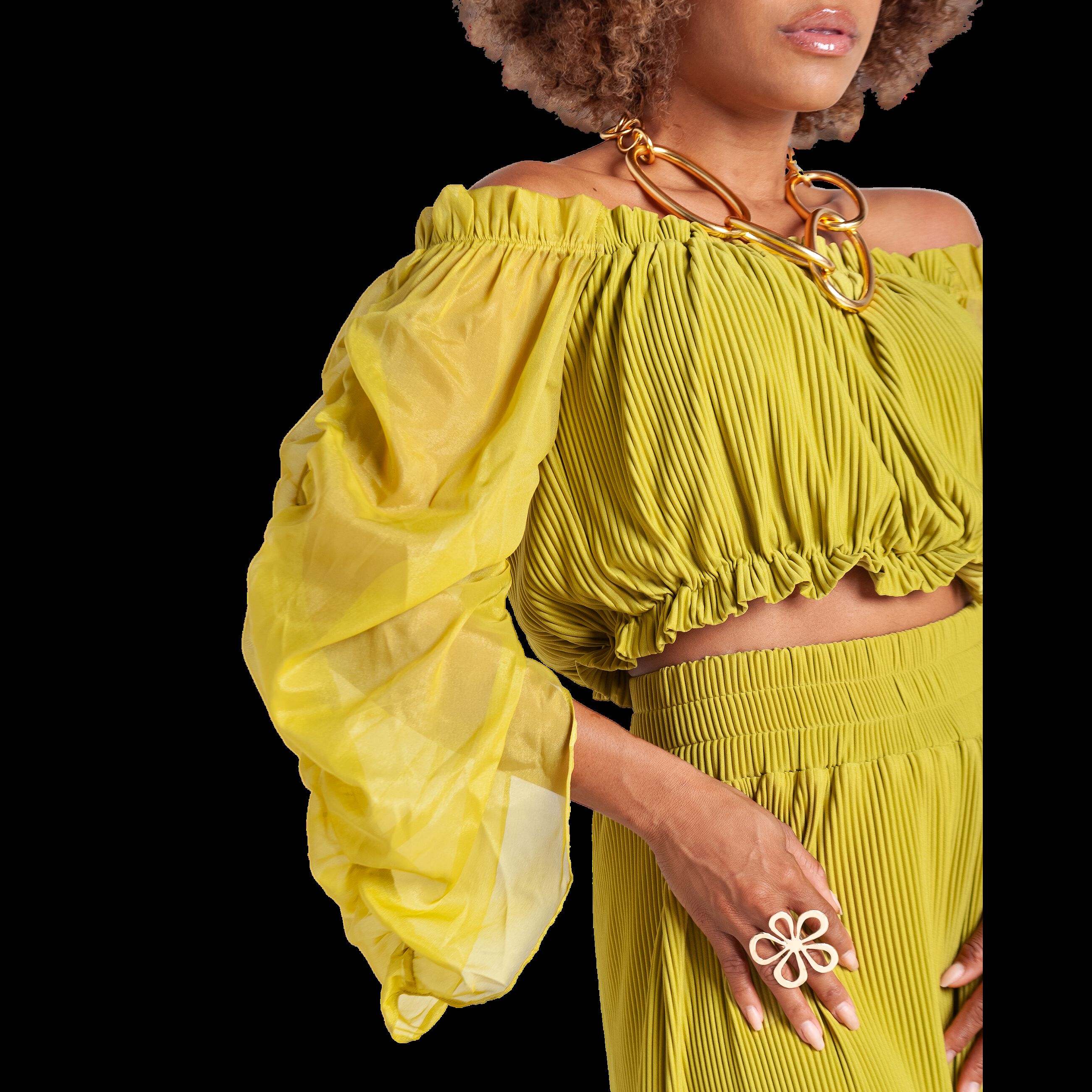 Off Shoulder Pleated Top, Lime / Light Green, alternate image number 4