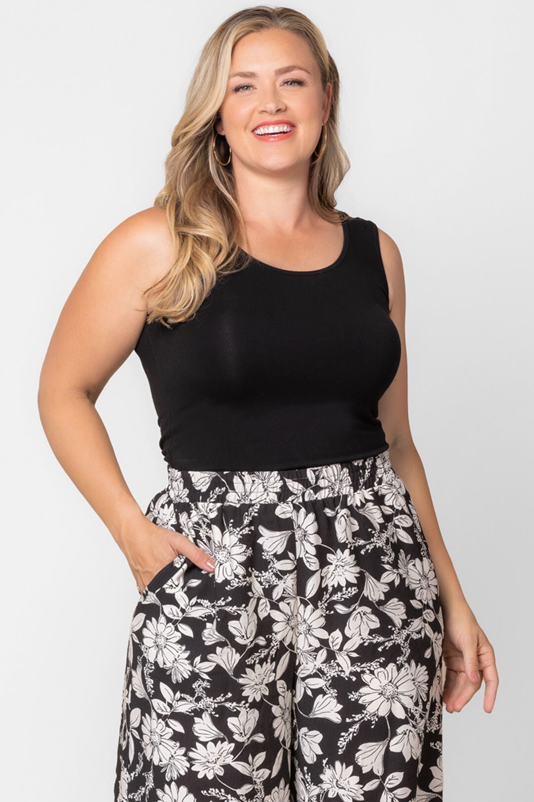 Eva Wide Leg Palazzo Pants, Black  White Florals / Black, alternate image number 2