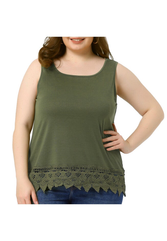 Round Neck Sleeveless Swing Lace Panel Flowy Top, Army Green / Olive Green, alternate image number 2