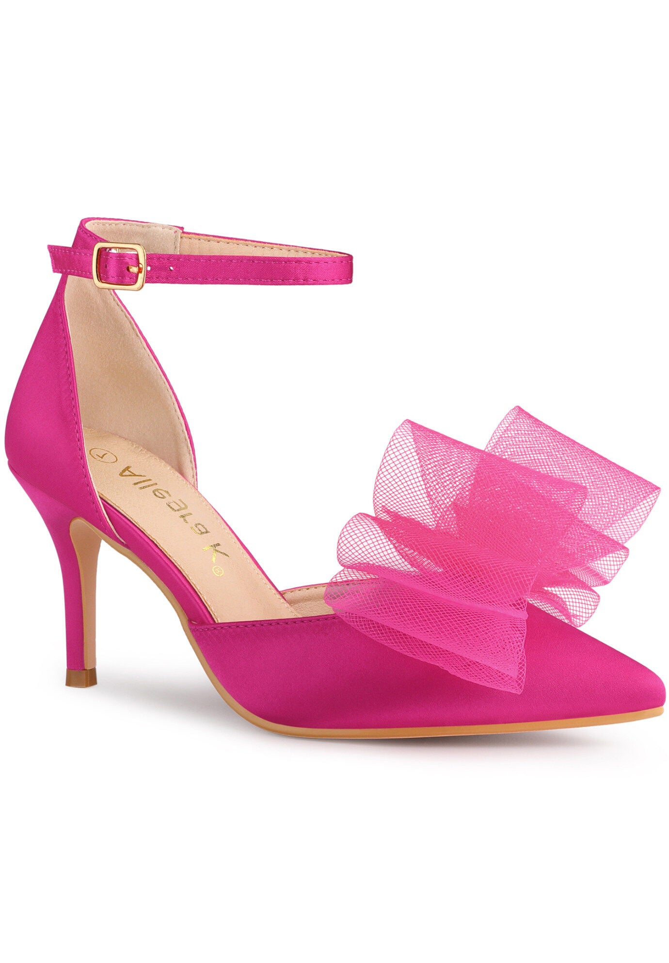 Bow Tie Ankle Strap Stiletto High Heels Wedding Pumps, Hot Pink / Pink, hi-res image number 0