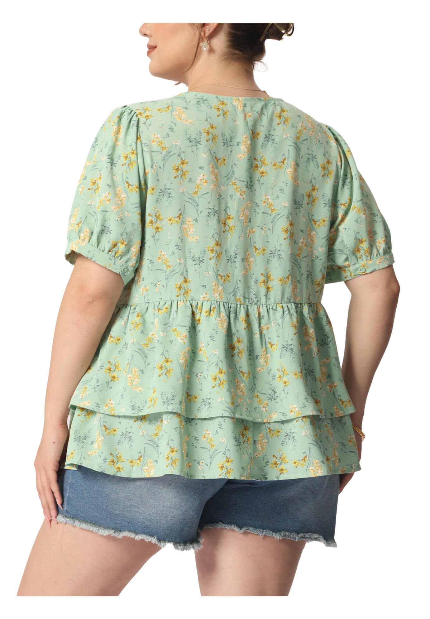 V Neck Short Sleeve Layered Peplum Top Summer Floral Blouse, Green / Light Green, alternate image number 3